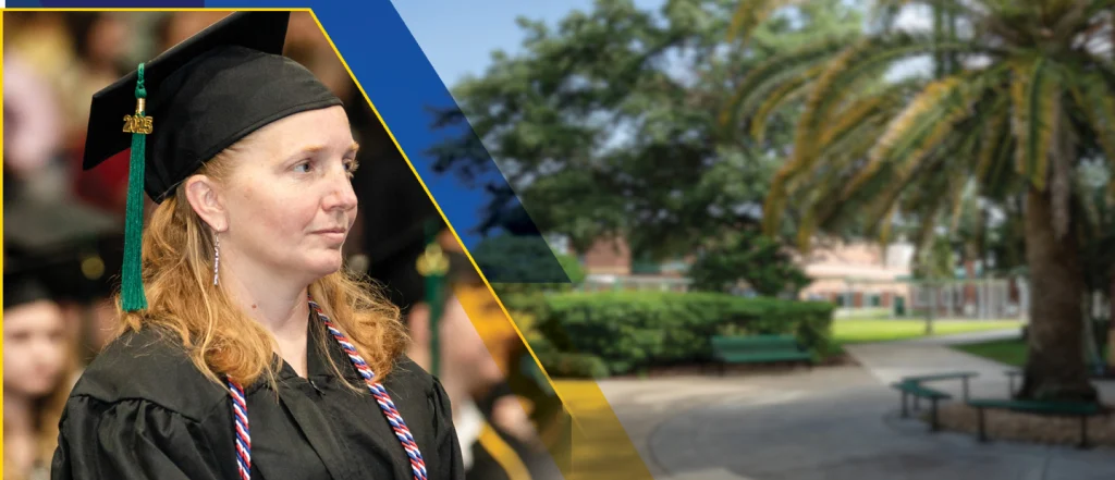 Graduation photo of a woman in a black graduation cap and gown, with a green tassel. Background shows a university campus with palm trees and benches.
