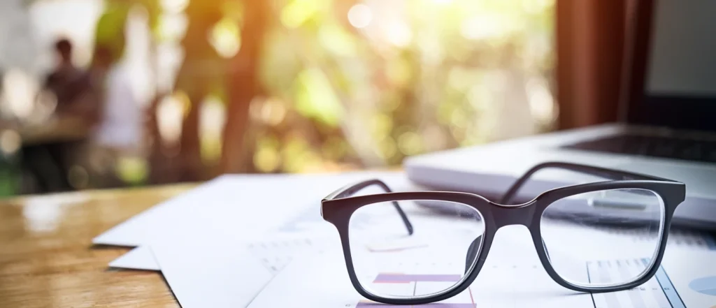 Black framed glasses on a wooden table with a laptop and papers in the background.