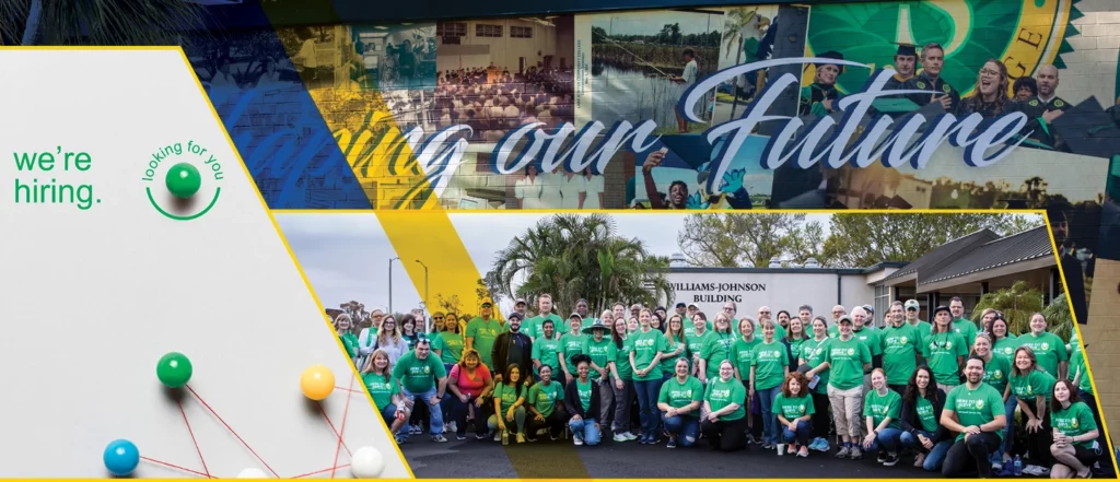 On the left, it says "we're hiring" and "Looking for you!" with colored pins connected by strings. On the right, there's a group photo in front of the "William Johnson Building" and smaller images of people in graduation gowns and an auditorium. The text reads "Building our Future."